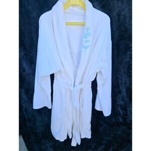 Women’s Spa/Hotel Style Robe – White Cotton Terry, Embroidered Leaves (Small)